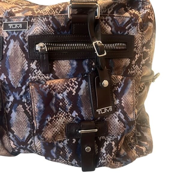 Tumi Brown and Blue Nylon Leather Snakeskin Print Weekender Bag Tote - Picture 5 of 12